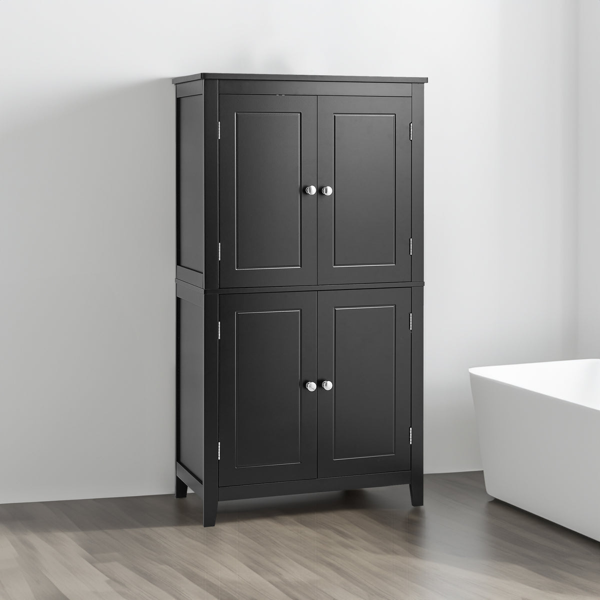 Black four-door bathroom storage cabinet