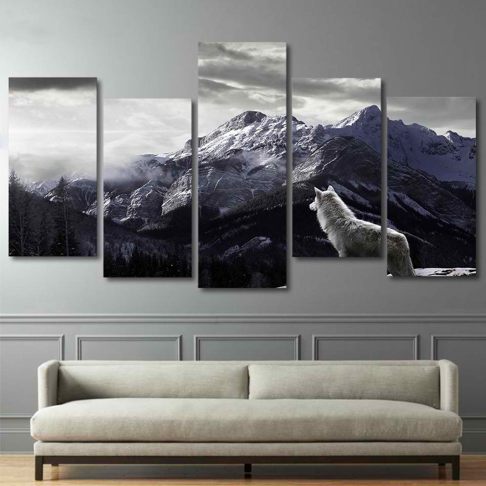 Five-piece snow mountain wolf canvas wall art