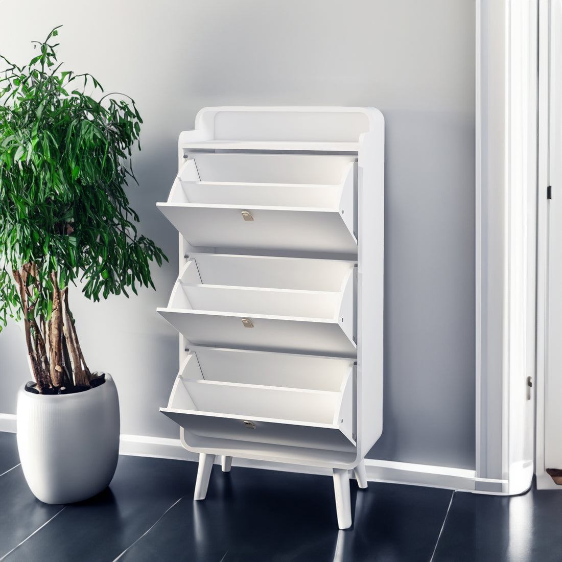 Modern white arc shoe cabinet with three drawers