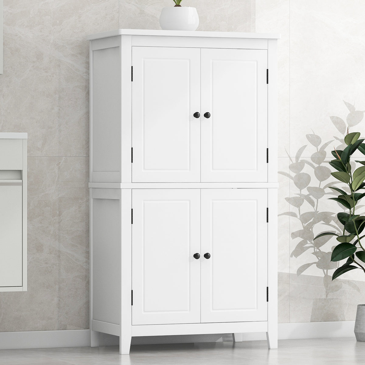 Bathroom floor storage cabinet, bathroom storage unit, 4-door independent cabinet, adjustable shelf, adaptive shelf, white
