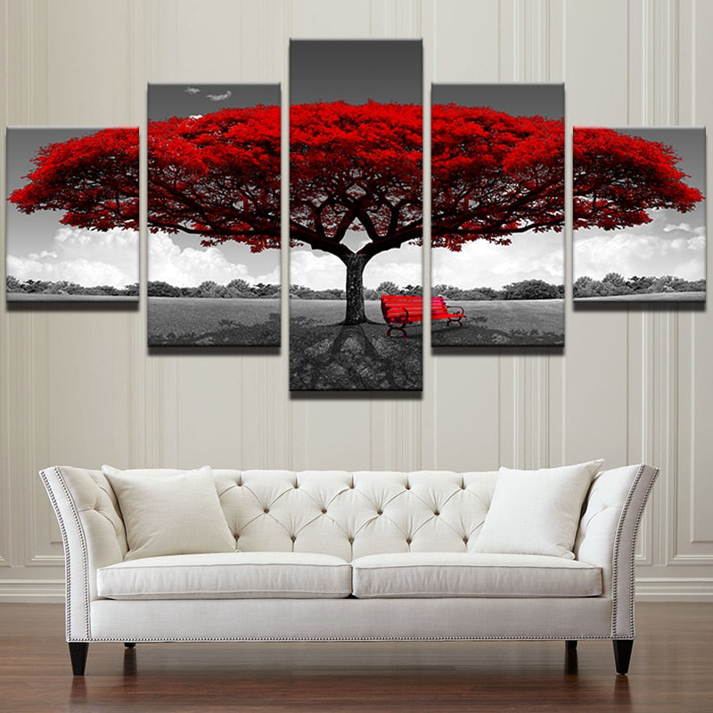 Five-piece modular red tree canvas wall art