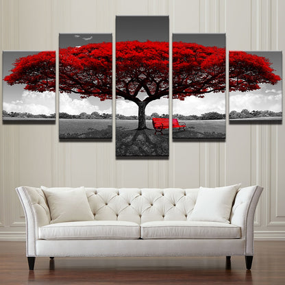 Five-piece modular red tree canvas wall art