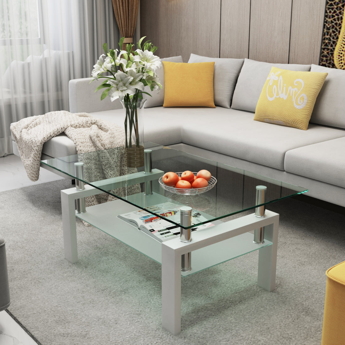 Modern white glass coffee table for living room