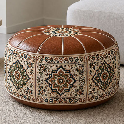 Bohemian Ottoman Pouf Stuffable with PU Leather Cover Waterproof Large Opening Storage Footrest for Living Room Bedroom